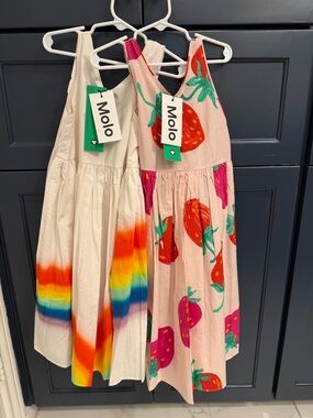 Molo Girls' Pink Strawberry Print & Cream Rainbow-Trim Sundresses